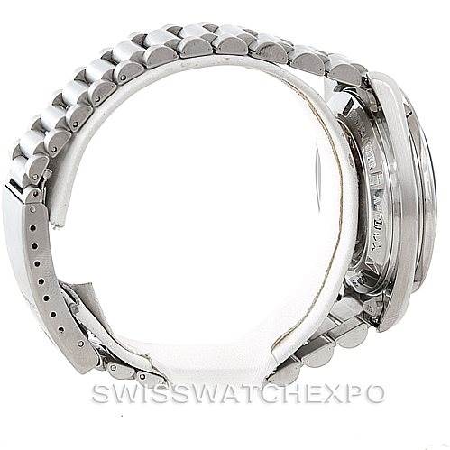 The image shows a side profile of an Omega Speedmaster 3592.50.00 Men
s Stainless Steel Black Dial 3592.50.00 Men
s Stainless Steel Black Dial watch focusing on the bracelet and clasp.