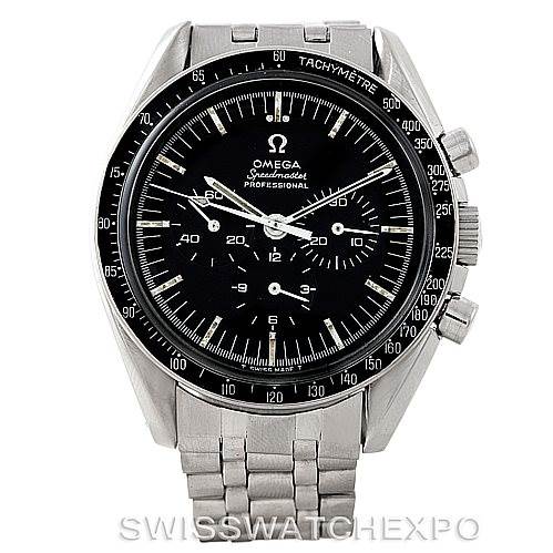 The image shows a front view of the Omega Speedmaster Men
s Stainless Steel Black Dial Men
s Stainless Steel Black Dial watch, highlighting the dial, bezel, and bracelet.