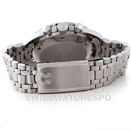 The image shows the back and bracelet of an Omega Speedmaster Men
s Stainless Steel Black Dial Men
s Stainless Steel Black Dial watch, viewed from the underside.