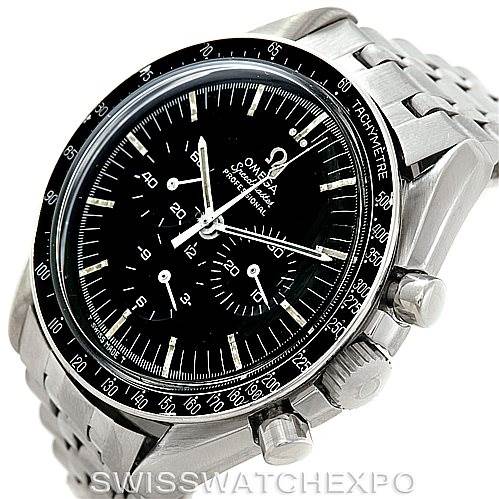 This Omega Speedmaster Men
s Stainless Steel Black Dial Men
s Stainless Steel Black Dial watch is shown at a three-quarter angle, highlighting its face, bezel, and stainless steel bracelet.