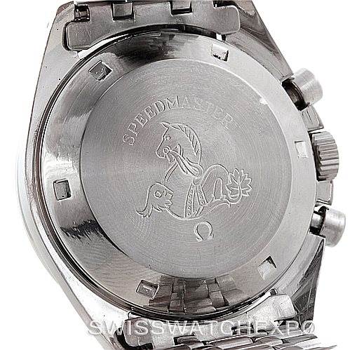 The image shows the back view of the Omega Speedmaster Men
s Stainless Steel Black Dial Men
s Stainless Steel Black Dial watch, highlighting the case back and partial bracelet.