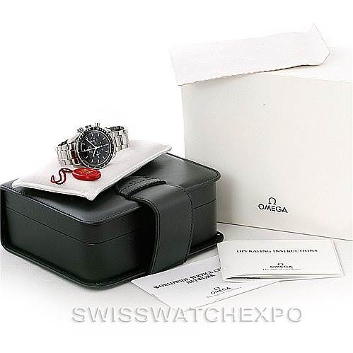 The image shows an Omega Speedmaster 3570.50.00 Men
s Stainless Steel Black Dial 3570.50.00 Men
s Stainless Steel Black Dial watch, its box, user manuals, and a warranty card.