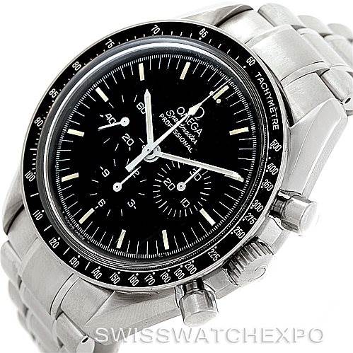 The image shows an angled front view of the Omega Speedmaster 3570.50.00 Men
s Stainless Steel Black Dial 3570.50.00 Men
s Stainless Steel Black Dial watch, highlighting the face, bezel, chronograph buttons, and part of the bracelet.