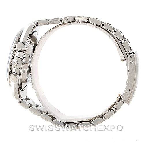 The image shows a side profile of an Omega Speedmaster 3570.50.00 Men
s Stainless Steel Black Dial 3570.50.00 Men
s Stainless Steel Black Dial watch, highlighting the metal bracelet and chronograph pushers.