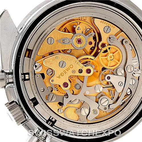 This image shows the back view of the Omega Speedmaster 3570.50.00 Men
s Stainless Steel Black Dial 3570.50.00 Men
s Stainless Steel Black Dial, displaying the intricate mechanical movement components.