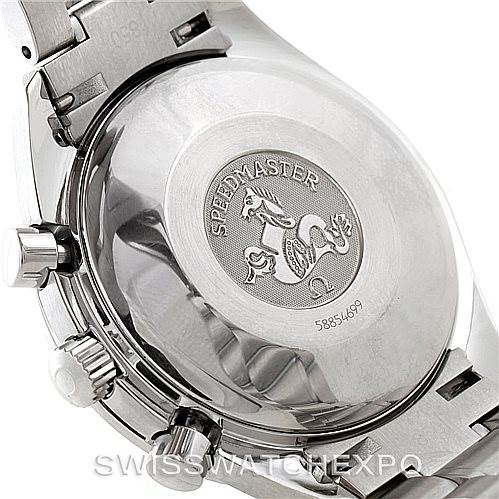 The image showcases the back of an Omega Speedmaster 3513.30.00 Men
s Stainless Steel Silver Dial 3513.30.00 Men
s Stainless Steel Silver Dial watch, displaying its engraved case back and partial bracelet.