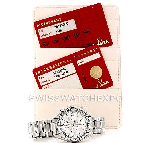 The image shows an Omega Speedmaster 3513.30.00 Men
s Stainless Steel Silver Dial 3513.30.00 Men
s Stainless Steel Silver Dial watch along with its warranty cards and card holder.