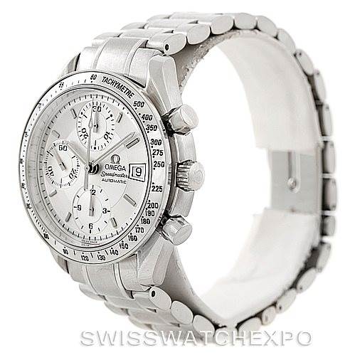 The Speedmaster model by Omega is shown at a 3/4 angle, highlighting the face, bezel, chronograph buttons, and bracelet links.