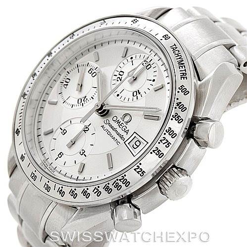 The image shows an Omega Speedmaster 3513.30.00 Men
s Stainless Steel Silver Dial 3513.30.00 Men
s Stainless Steel Silver Dial watch at a 3/4 angle, highlighting its dial, chronograph sub-dials, date window, and tachymeter bezel.