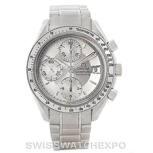 The image shows a frontal view of an Omega Speedmaster 3513.30.00 Men
s Stainless Steel Silver Dial 3513.30.00 Men
s Stainless Steel Silver Dial watch, highlighting its face, tachymeter, and metal bracelet.