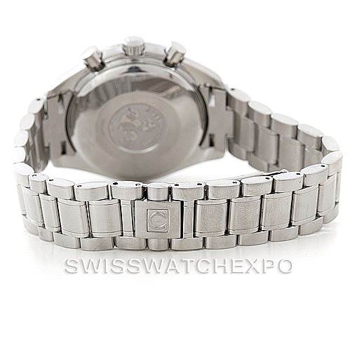 The image shows the back view of an Omega Speedmaster 3513.30.00 Men
s Stainless Steel Silver Dial 3513.30.00 Men
s Stainless Steel Silver Dial watch focusing on the case back and stainless steel bracelet.