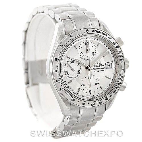 The image shows a three-quarter view of an Omega Speedmaster 3513.30.00 Men
s Stainless Steel Silver Dial 3513.30.00 Men
s Stainless Steel Silver Dial watch, highlighting the dial, bezel, crown, and metal bracelet.