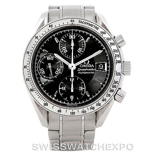 The image shows a frontal view of the Omega Speedmaster 3513.50.00 Men
s Stainless Steel Black Dial 3513.50.00 Men
s Stainless Steel Black Dial watch, including the face, bezel, and part of the bracelet.