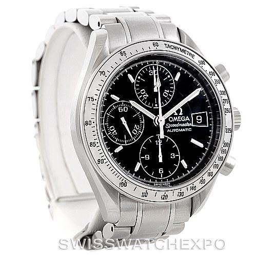 This is an angled front view of an Omega Speedmaster 3513.50.00 Men
s Stainless Steel Black Dial 3513.50.00 Men
s Stainless Steel Black Dial watch, showing the face, chronograph dials, and metallic bracelet.