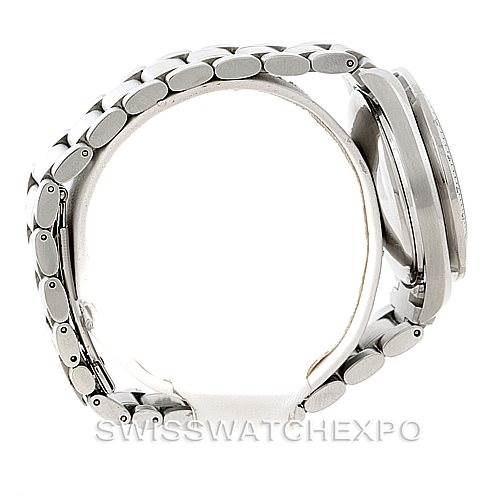 The image shows a side view of the Omega Speedmaster 3513.50.00 Men
s Stainless Steel Black Dial 3513.50.00 Men
s Stainless Steel Black Dial watch, highlighting the stainless steel bracelet and the side profile of the case.