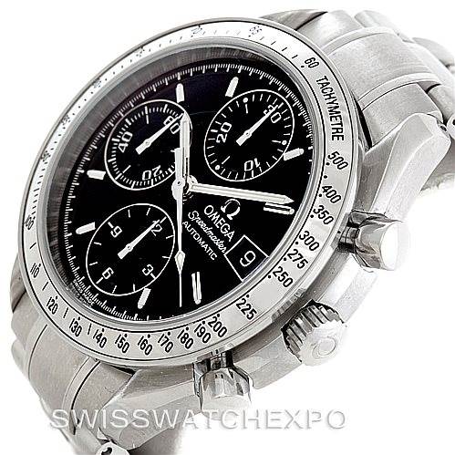 The image shows an Omega Speedmaster 3513.50.00 Men
s Stainless Steel Black Dial 3513.50.00 Men
s Stainless Steel Black Dial watch at a slight angle, highlighting the dial, bezel, chronograph subdials, and pushers.