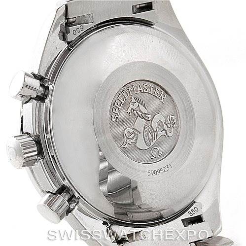 The image shows the case back and side view of an Omega Speedmaster 3513.50.00 Men
s Stainless Steel Black Dial 3513.50.00 Men
s Stainless Steel Black Dial watch, featuring its engraved emblem and pushers.