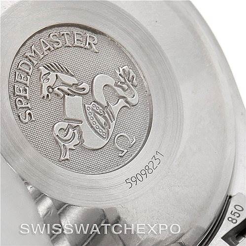 The image shows the case back of an Omega Speedmaster 3513.50.00 Men
s Stainless Steel Black Dial 3513.50.00 Men
s Stainless Steel Black Dial watch, featuring an embossed design and serial number.