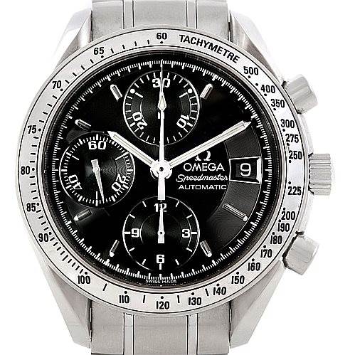 The image shows a front view of the Omega Speedmaster 3513.50.00 Men
s Stainless Steel Black Dial 3513.50.00 Men
s Stainless Steel Black Dial watch, displaying the dial, tachymeter scale, sub-dials, and crown.