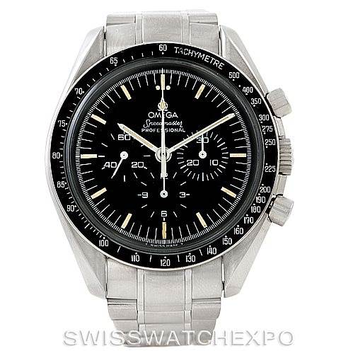 This image shows a front view of the Omega Speedmaster Men
s Stainless Steel Black Dial Men
s Stainless Steel Black Dial watch, displaying its black dial, tachymeter bezel, and stainless steel bracelet.