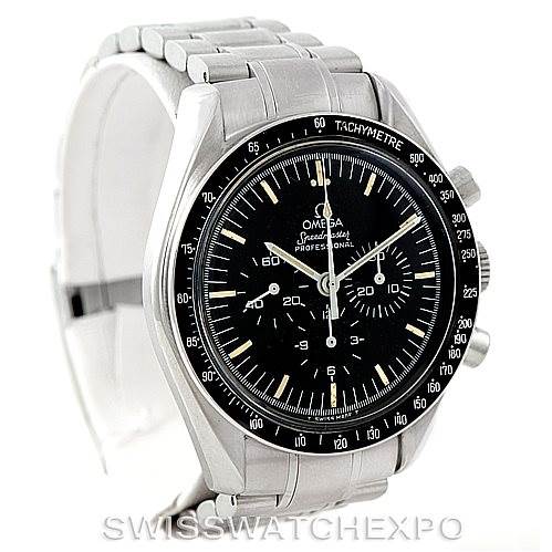 The image shows a front angle view of the Omega Speedmaster Men
s Stainless Steel Black Dial Men
s Stainless Steel Black Dial watch, highlighting its black dial, tachymeter bezel, and stainless steel bracelet.