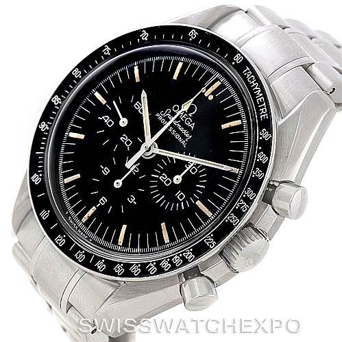 The image shows an angled view of the Omega Speedmaster Men
s Stainless Steel Black Dial Men
s Stainless Steel Black Dial watch, displaying the face, bezel, crown, and part of the bracelet.