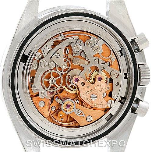 The image shows the internal mechanism of an Omega Speedmaster Men
s Stainless Steel Black Dial Men
s Stainless Steel Black Dial watch, providing a view of its detailed movement components.