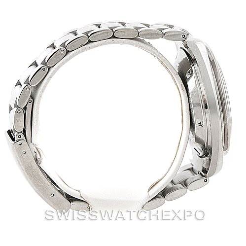 The image shows a side view of an Omega Speedmaster Men
s Stainless Steel Black Dial Men
s Stainless Steel Black Dial watch, highlighting its metal bracelet and case thickness.