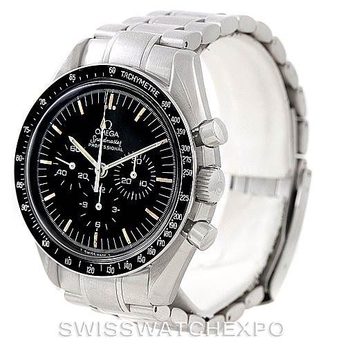 This image shows an Omega Speedmaster Men
s Stainless Steel Black Dial Men
s Stainless Steel Black Dial watch with a black dial, tachymeter bezel, silver bracelet, and side chronograph pushers.