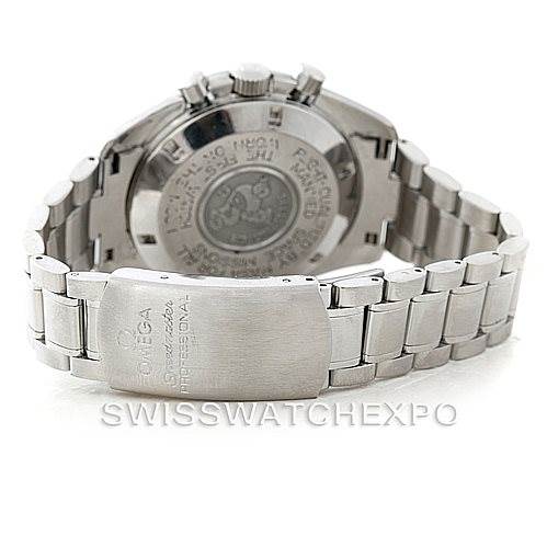 The image shows the back view of an Omega Speedmaster Men
s Stainless Steel Black Dial Men
s Stainless Steel Black Dial watch, focusing on the clasp, bracelet, and case back.