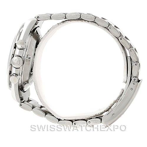 The image shows a side view of an Omega Speedmaster Men
s Stainless Steel Black Dial Men
s Stainless Steel Black Dial watch, highlighting the stainless steel bracelet and crown.