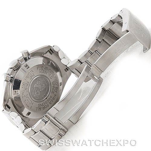 The image shows the back case and the metal bracelet of an Omega Speedmaster Men
s Stainless Steel Black Dial Men
s Stainless Steel Black Dial watch, with the clasp open.