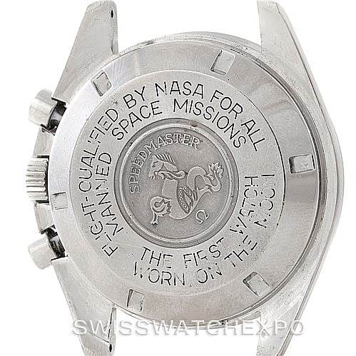 This image shows the case back and partial side view of an Omega Speedmaster Men
s Stainless Steel Black Dial Men
s Stainless Steel Black Dial watch, highlighting its engraved text and logo.