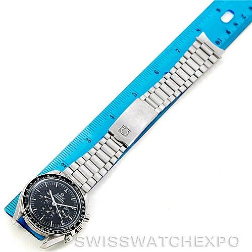 The Omega Speedmaster Stainless Steel Black Dial Stainless Steel Black Dial watch is shown from a top-down angle, displaying its face, bracelet, and clasp.