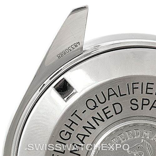 This image shows the case back of the Omega Speedmaster Stainless Steel Black Dial Stainless Steel Black Dial watch, highlighting its inscriptions and serial number.