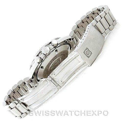 The image shows the side and back of an Omega Speedmaster Stainless Steel Black Dial Stainless Steel Black Dial watch, highlighting its clasp, bracelet, and case back.