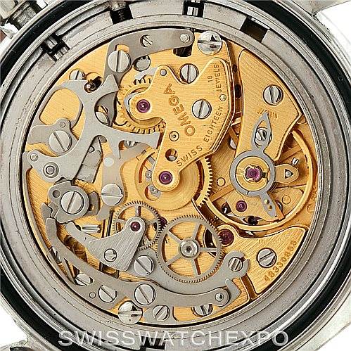 This image shows the back view of the Omega Speedmaster Stainless Steel Black Dial Stainless Steel Black Dial watch, highlighting its intricate mechanical movement.