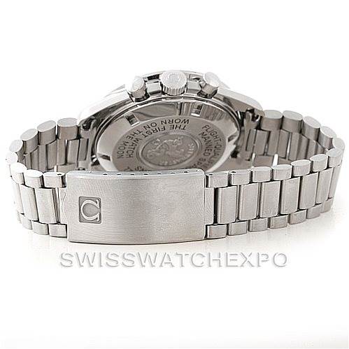 This image shows the Omega Speedmaster Stainless Steel Black Dial Stainless Steel Black Dial watch from a rear angle, highlighting the bracelet, clasp, and case back.