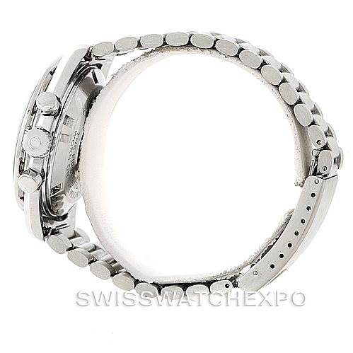 The image shows the Omega Speedmaster Stainless Steel Black Dial Stainless Steel Black Dial watch from a side angle, highlighting its bracelet and clasp.