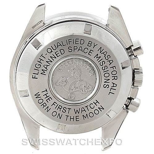 The image shows the back case of an Omega Speedmaster Stainless Steel Black Dial Stainless Steel Black Dial watch, highlighting its engravings and pushers.