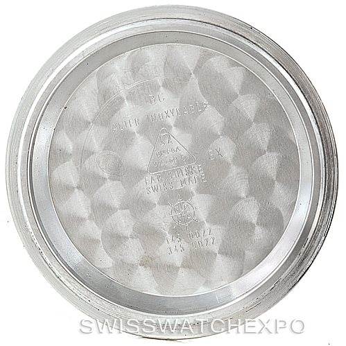 This image shows the inner case back of an Omega Speedmaster Stainless Steel Black Dial Stainless Steel Black Dial watch, featuring branding and specifications.