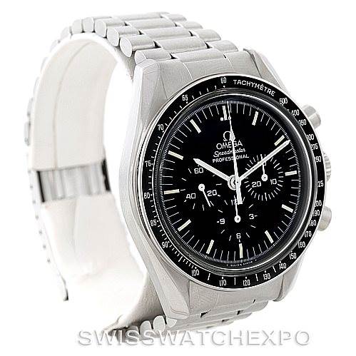 This image shows an Omega Speedmaster Stainless Steel Black Dial Stainless Steel Black Dial watch from a front-right angle, featuring the dial, tachymeter bezel, and bracelet.