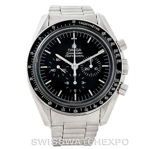 The image shows a front angle of the Omega Speedmaster Stainless Steel Black Dial Stainless Steel Black Dial watch, including the dial, bezel, and bracelet.