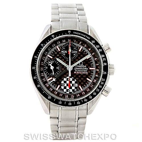 This image shows a frontal view of the Omega Speedmaster 3529.50.00 Men
s Stainless Steel Black Dial 3529.50.00 Men
s Stainless Steel Black Dial watch, highlighting its dial, tachymeter bezel, pushers, and stainless steel bracelet.