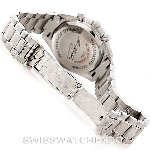 The image shows the back and bracelet of the Omega Speedmaster 3529.50.00 Men
s Stainless Steel Black Dial 3529.50.00 Men
s Stainless Steel Black Dial watch, highlighting the case back and the clasp.