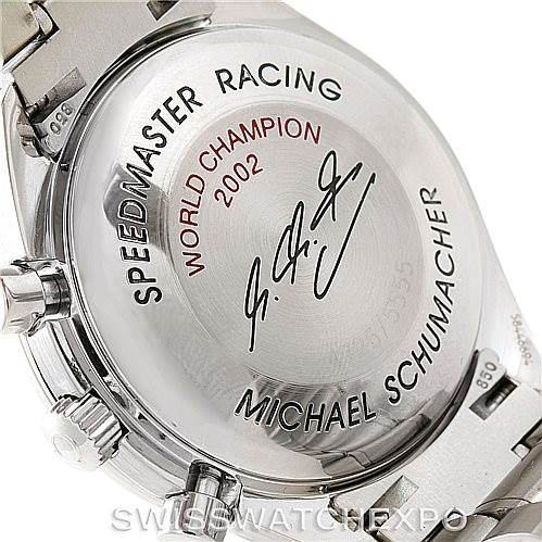 This image shows the case back of an Omega Speedmaster 3529.50.00 Men
s Stainless Steel Black Dial 3529.50.00 Men
s Stainless Steel Black Dial Racing watch, featuring an engraving with "WORLD CHAMPION 2002" and a signature.