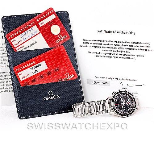 The image shows an Omega Speedmaster 3529.50.00 Men
s Stainless Steel Black Dial 3529.50.00 Men
s Stainless Steel Black Dial watch with warranty cards, a cardholder, and a Certificate of Best Quality
ity.