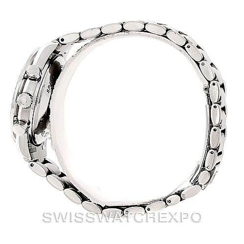 This side view of the Omega Speedmaster 3529.50.00 Men
s Stainless Steel Black Dial 3529.50.00 Men
s Stainless Steel Black Dial watch displays the full bracelet and the crown along with the chronograph pushers.