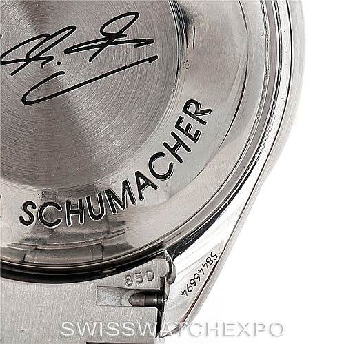 This image shows the case back of the Omega Speedmaster 3529.50.00 Men
s Stainless Steel Black Dial 3529.50.00 Men
s Stainless Steel Black Dial watch, highlighting the engraving "Schumacher" and some serial numbers.