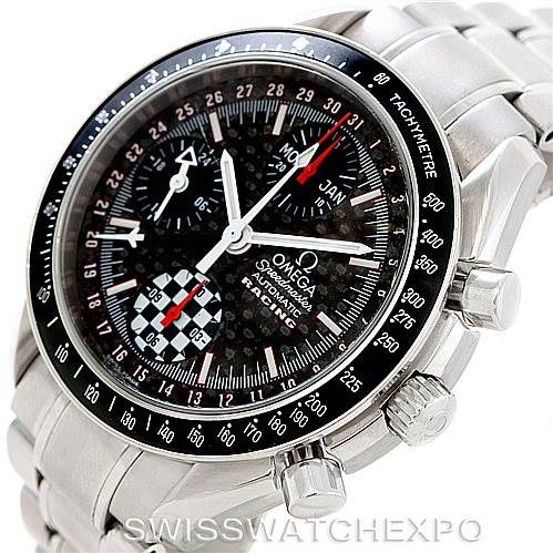 The Omega Speedmaster 3529.50.00 Men
s Stainless Steel Black Dial 3529.50.00 Men
s Stainless Steel Black Dial watch is shown at an angle that highlights the face, bezel, crown, and metal bracelet.